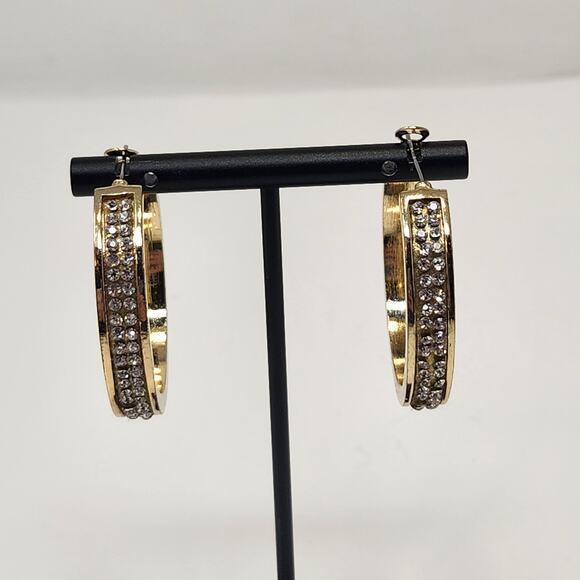 Guess Gold Tone Clear Crystal Pave Large Hoop Earrings Logo Chunky Statement - Picture 1 of 6